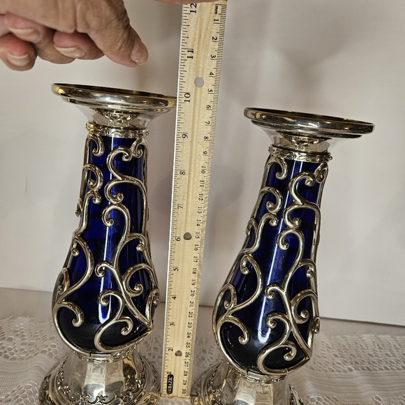 RARE VINTAGE COBALT BLUE GLASS SILVER CANDLE HOLDERS CANDLESTICK CANDELABRA - Picture 6 of 6